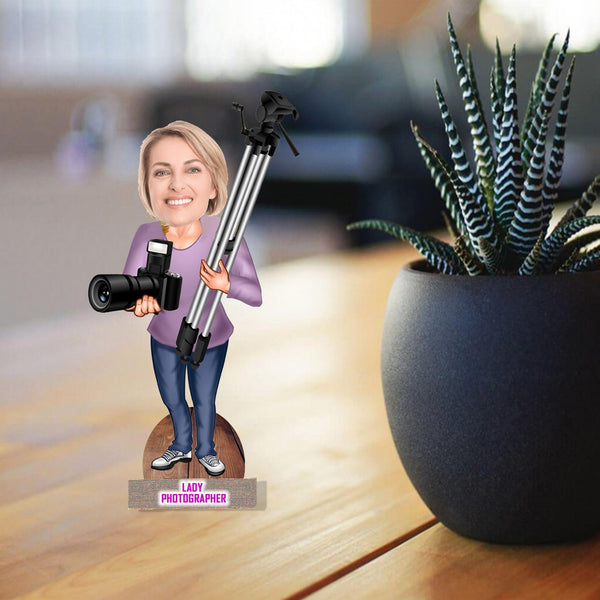 Customized " LADY PHOTOGRAPHER" caricature Cutout with Wooden Base - HEARTSLY