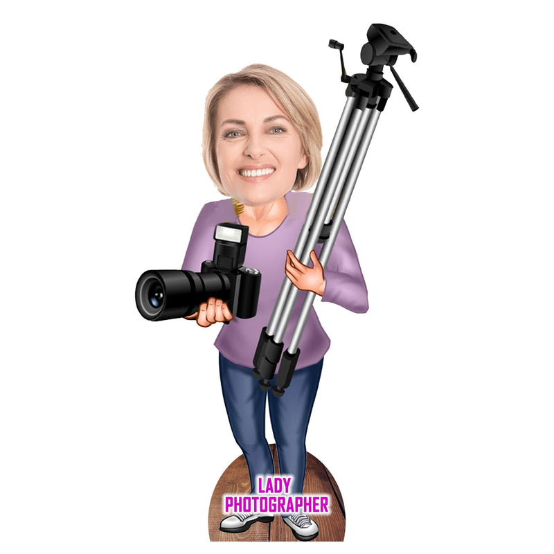 Customized " LADY PHOTOGRAPHER" caricature Cutout with Wooden Base - HEARTSLY