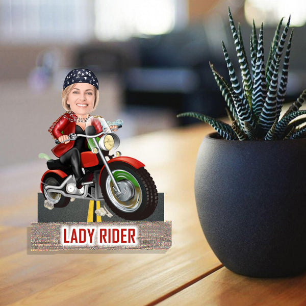 Customized "Lady Rider " Caricature Cutout with Wooden Base - HEARTSLY