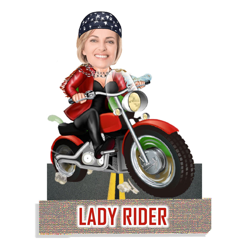 Customized "Lady Rider " Caricature Cutout with Wooden Base - HEARTSLY