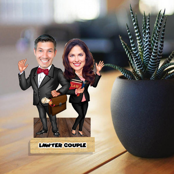 Customized " LAWYER COUPLE " Caricature Cutout with Wooden Base - HEARTSLY
