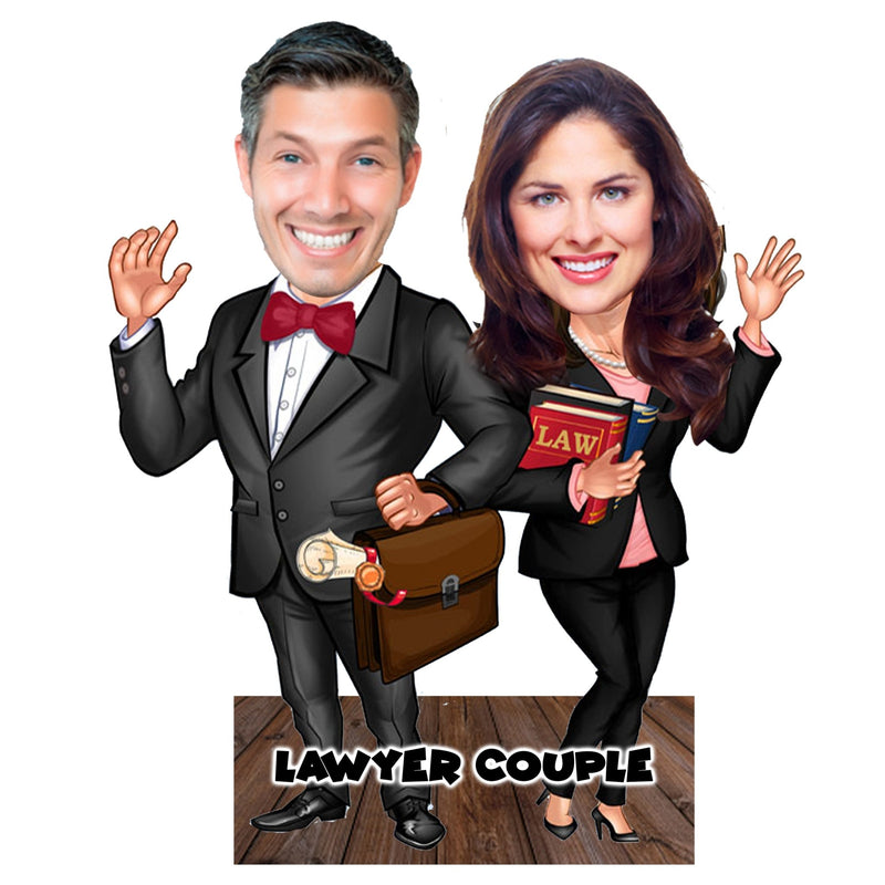 Customized " LAWYER COUPLE " Caricature Cutout with Wooden Base - HEARTSLY