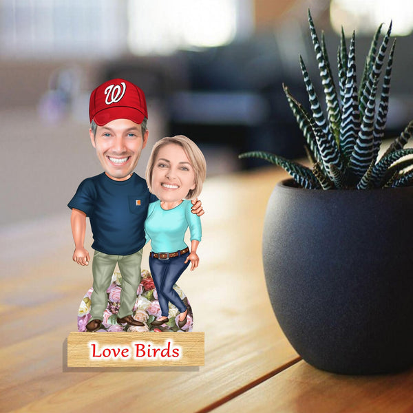 Customized "Love Birds" Couple Caricature Cutout with Wooden Base - HEARTSLY