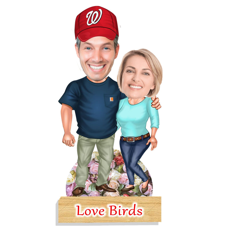 Customized "Love Birds" Couple Caricature Cutout with Wooden Base - HEARTSLY