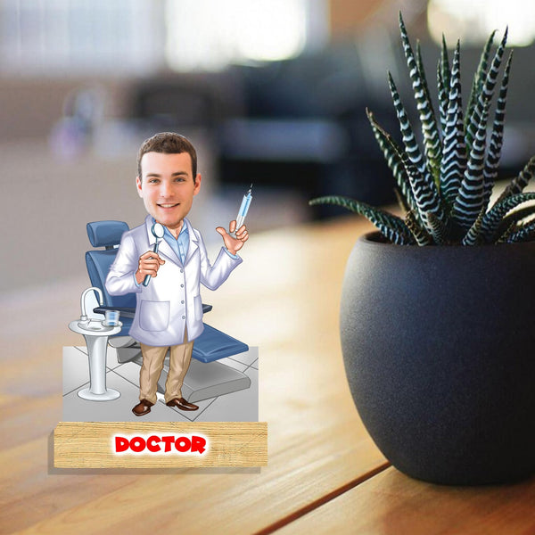 Customized " Male DOCTOR " Caricature Cutout with Wooden Base - HEARTSLY