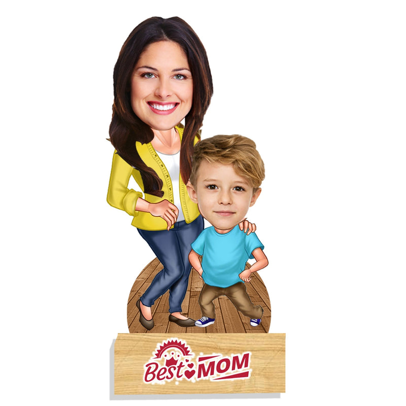 Customized "Mom & Son" caricature Cutout with Wooden Base - HEARTSLY