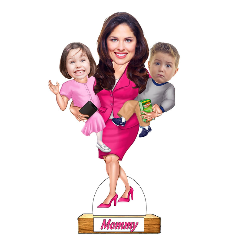 Customized "MOM With Child " Caricature Cutout with Wooden Base - HEARTSLY