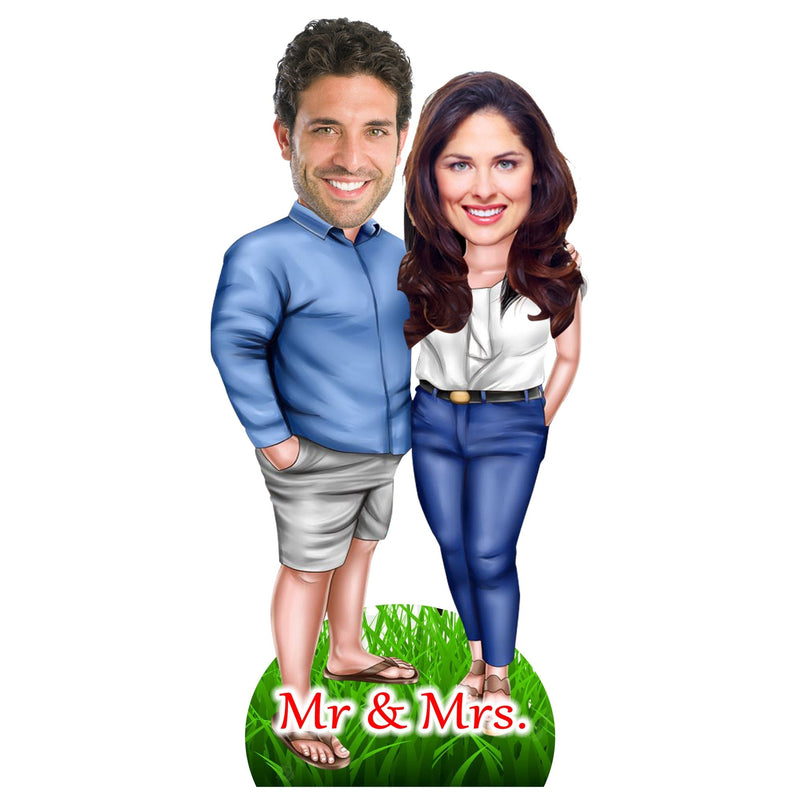 Customized " Mr. & Mrs. Couple " Caricature Cutout with Wooden Base - HEARTSLY