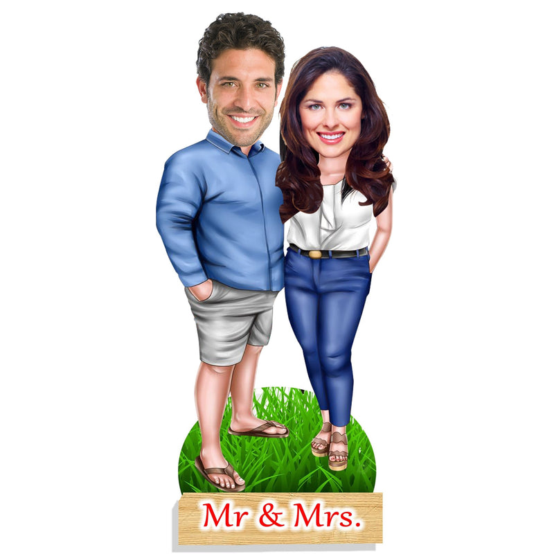 Customized " Mr. & Mrs. Couple " Caricature Cutout with Wooden Base - HEARTSLY