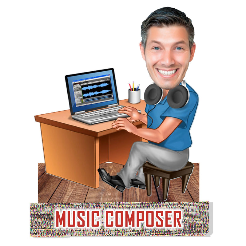 Customized " Music Composer " Caricature Cutout with Wooden Base - HEARTSLY