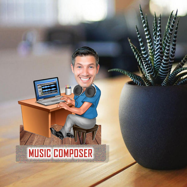 Customized " Music Composer " Caricature Cutout with Wooden Base - HEARTSLY