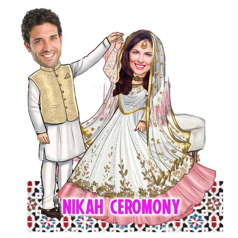 Customized "NIKAH CEROMONY " Caricature Cutout with Wooden Base - HEARTSLY