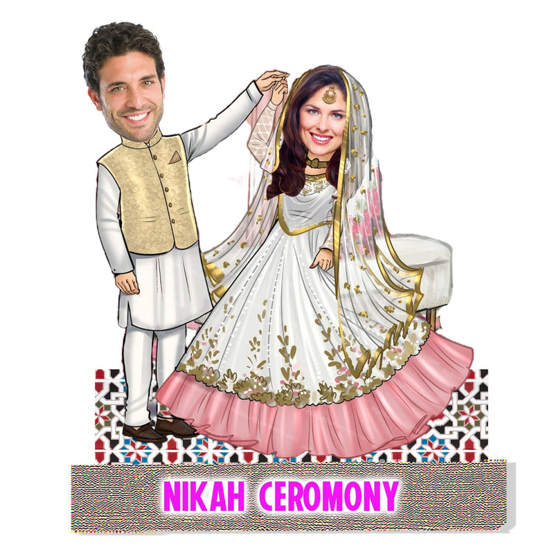 Customized "NIKAH CEROMONY " Caricature Cutout with Wooden Base - HEARTSLY