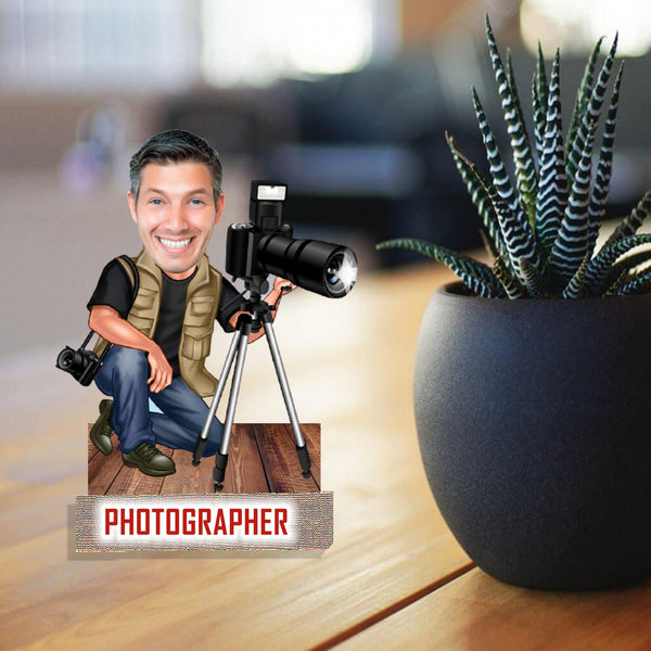 Customized " Photographer " Caricature Cutout with Wooden Base - HEARTSLY
