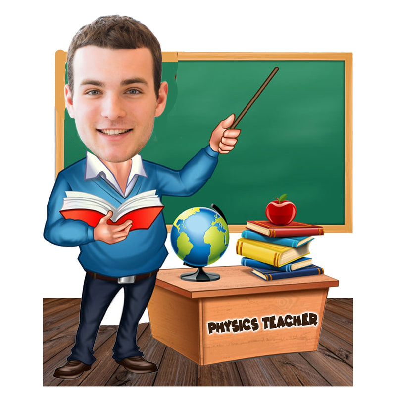 Customized "Physics TEACHER" Caricature Cutout with Wooden Base - HEARTSLY