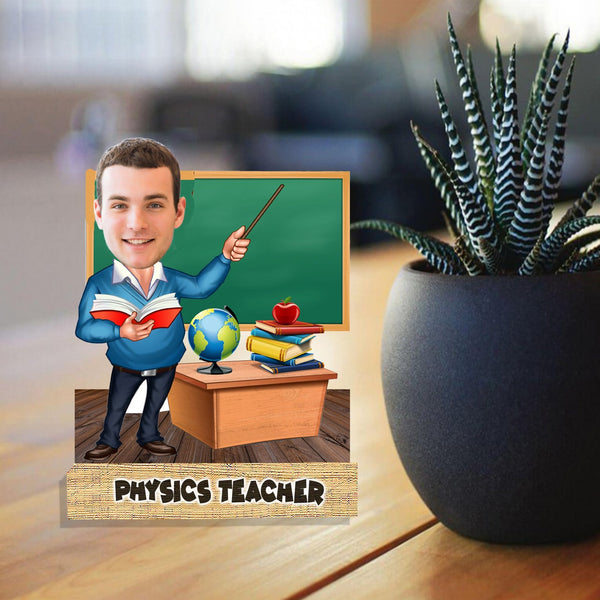 Customized "Physics TEACHER" Caricature Cutout with Wooden Base - HEARTSLY