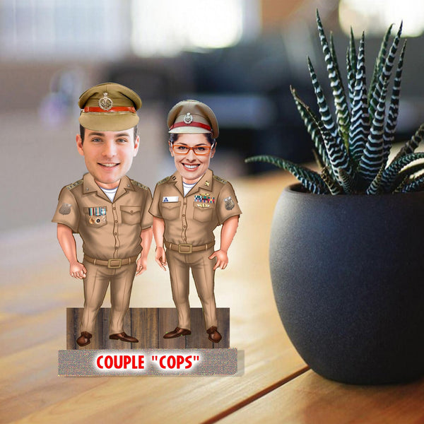 Customized "Police couple " caricature Cutout with Wooden Base - HEARTSLY