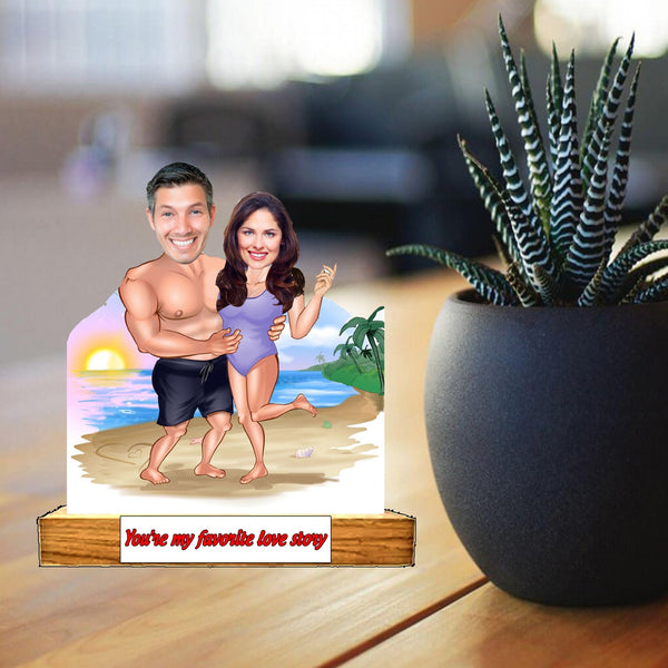 Customized "Romantic couple on Beach" Caricature Cutout with Wooden Base - HEARTSLY