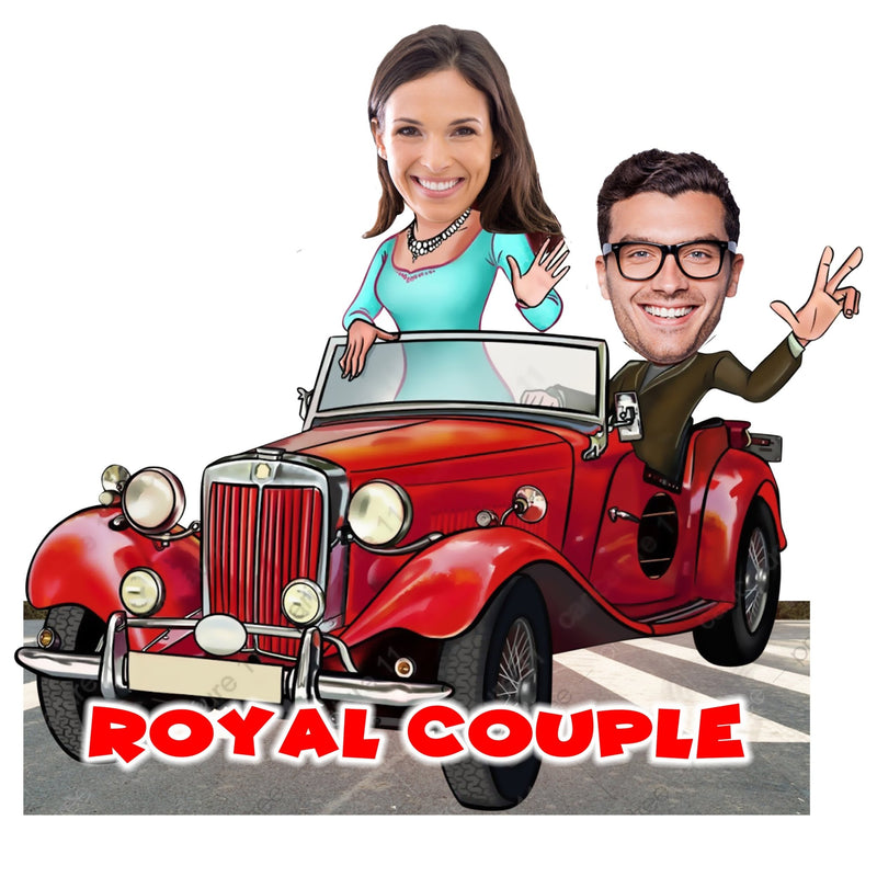 Customized "Royal Couple on car" Caricature Cutout with Wooden Base - HEARTSLY