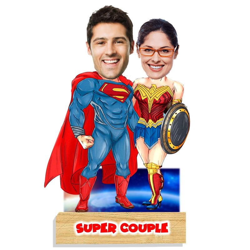Customized "Super Couple" Caricature Cutout with Wooden Base - HEARTSLY