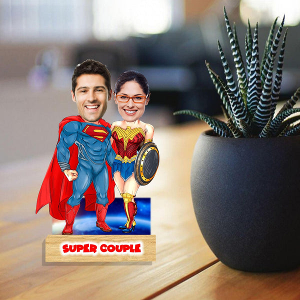 Customized "Super Couple" Caricature Cutout with Wooden Base - HEARTSLY