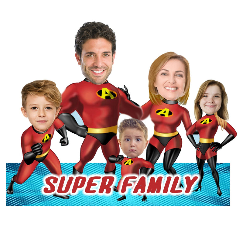 Customized " Super Family" Caricature Cutout with Wooden Base - HEARTSLY