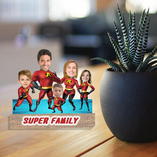 Customized " Super Family" Caricature Cutout with Wooden Base - HEARTSLY
