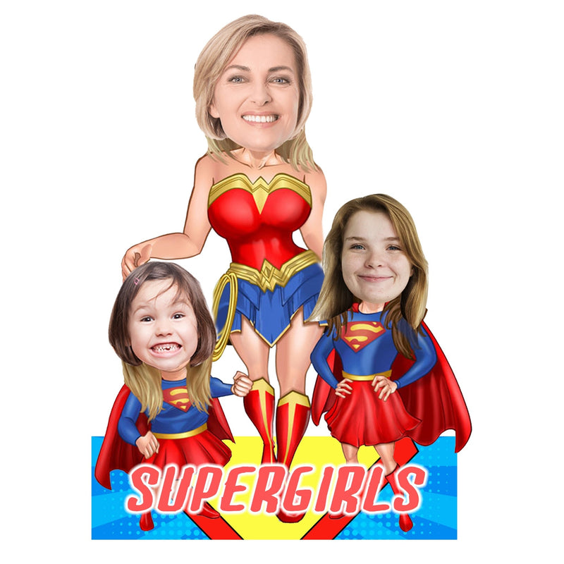 Customized " Super Girls " Caricature Cutout with Wooden Base - HEARTSLY