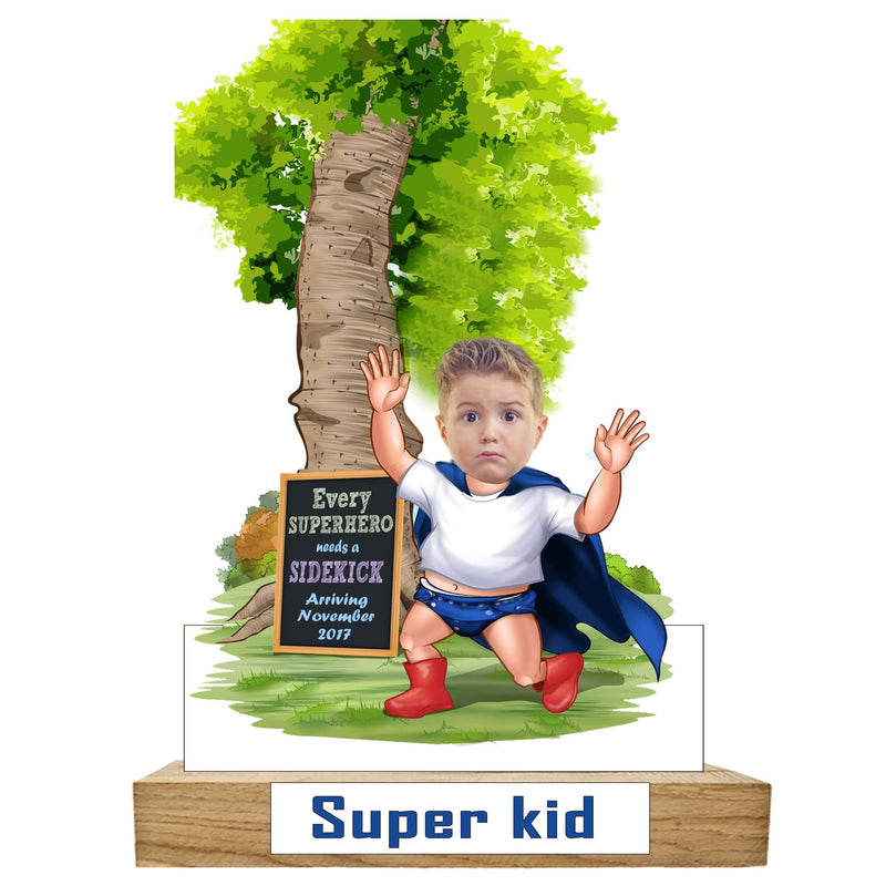 Customized " SUPER KID" Caricature Cutout with Wooden Base - HEARTSLY