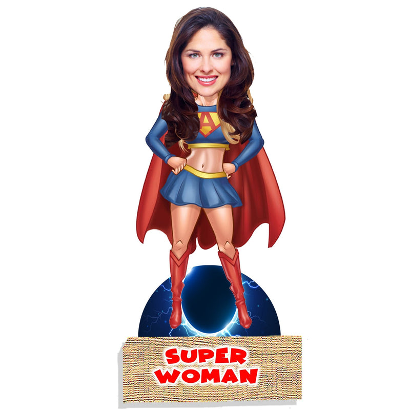 Customized " SUPER WOMAN" Caricature Cutout with Wooden Base - HEARTSLY