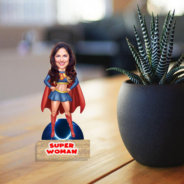 Customized " SUPER WOMAN" Caricature Cutout with Wooden Base - HEARTSLY