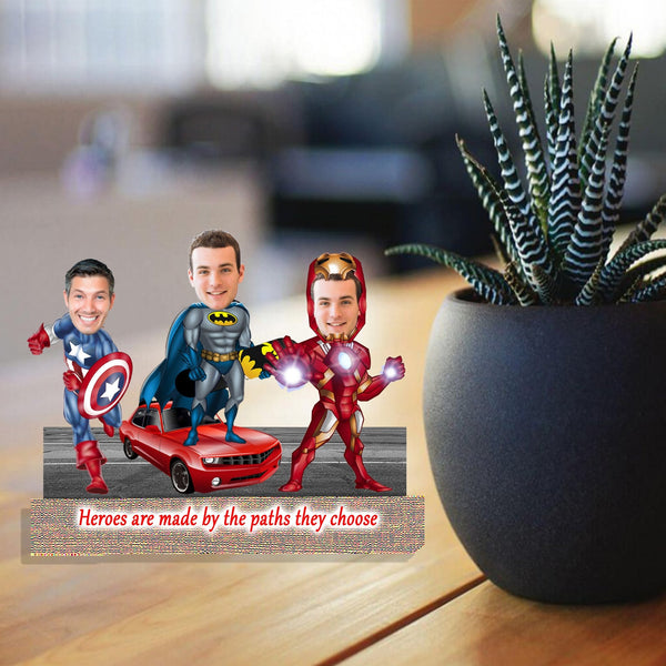Customized "SUPERHEROS" Caricature Cutout with Wooden Base - HEARTSLY
