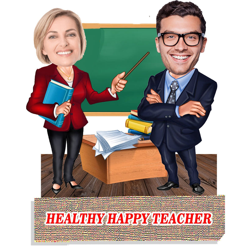 Customized " Teacher Couple " Caricature Cutout with Wooden Base - HEARTSLY