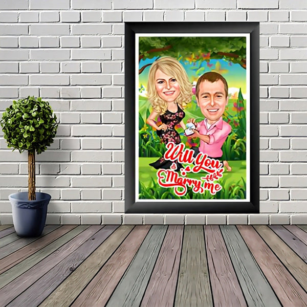 "Cute Framed Caricature for Couples Proposing" Glossy Resin laminated Panel