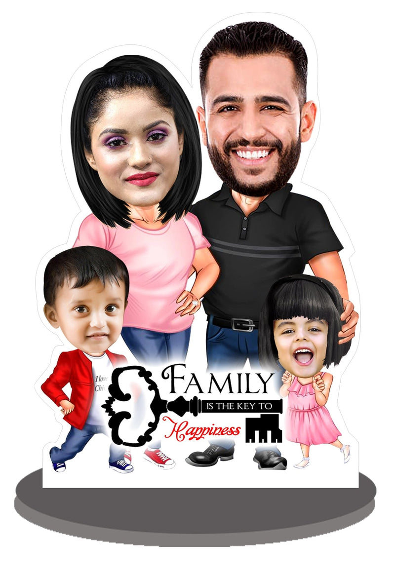 Personalized Caricature Gifts for " Family of 4 Person " with customize wooden stand - HEARTSLY