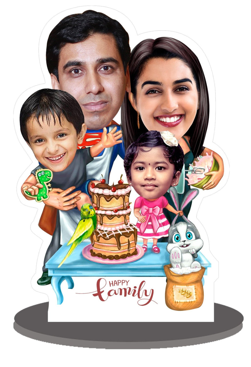 Personalized Caricature Gifts for "Family of 4 Person " with wooden stand - HEARTSLY