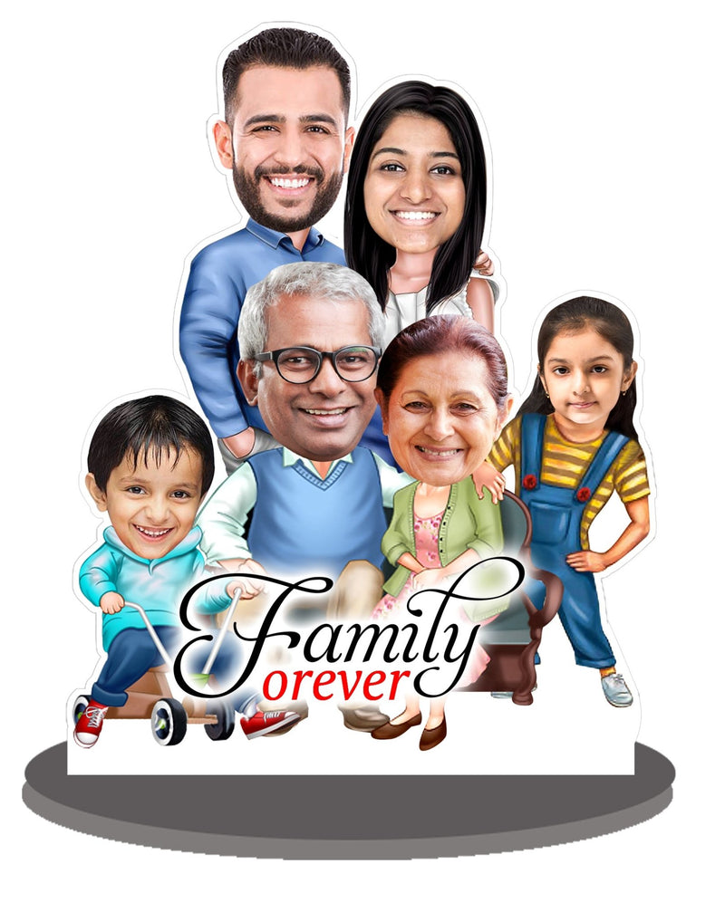 Personalized Caricature Gifts for " Family of 6 Person" with customize wooden stand - HEARTSLY