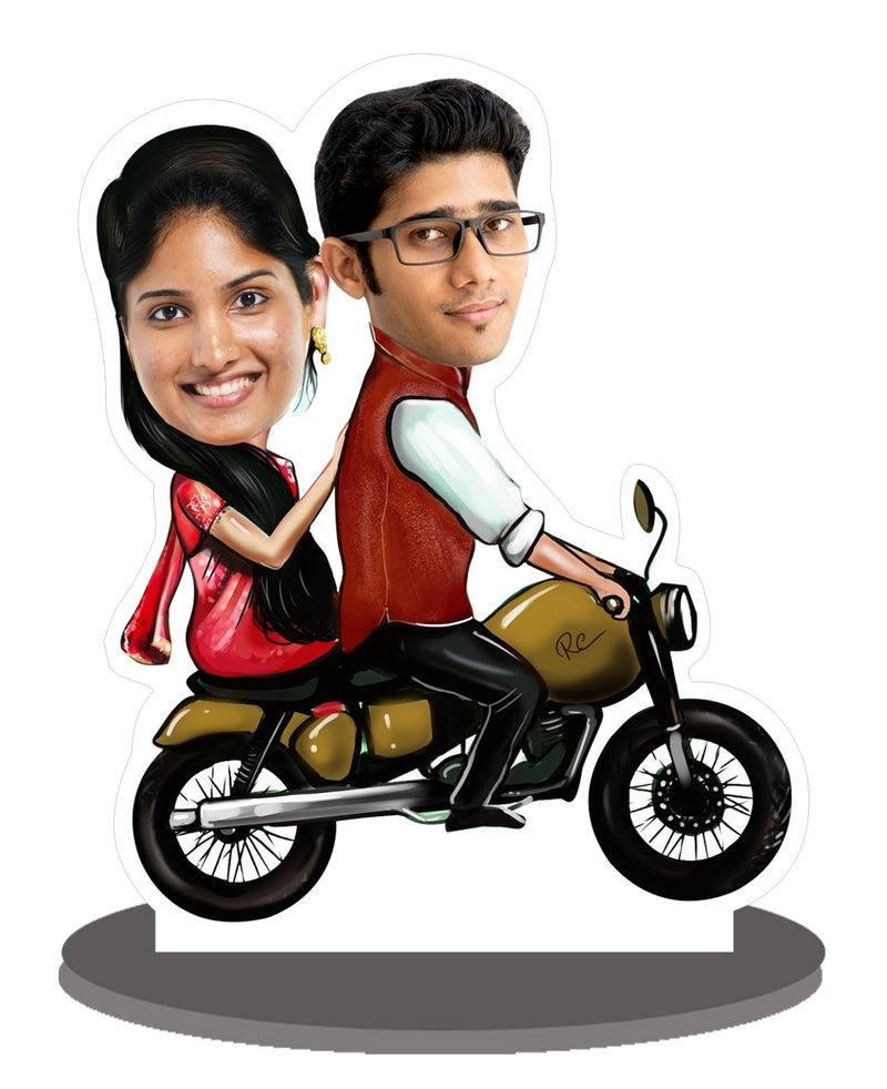 Personalized " couple on bike " caricature cutout with wooden stand - HEARTSLY