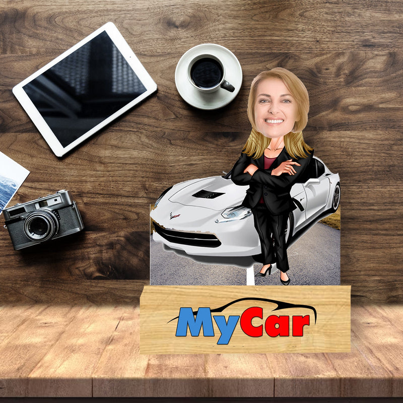 Personalized Wooden Caricature Gift for " Car Loving Girl " with Wooden Base - HEARTSLY