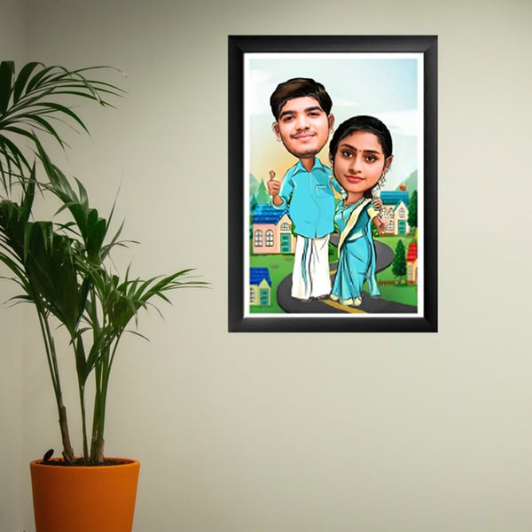 "South Indian Duo Caricature in Personalized Frame"  Glossy Resin laminated Panel