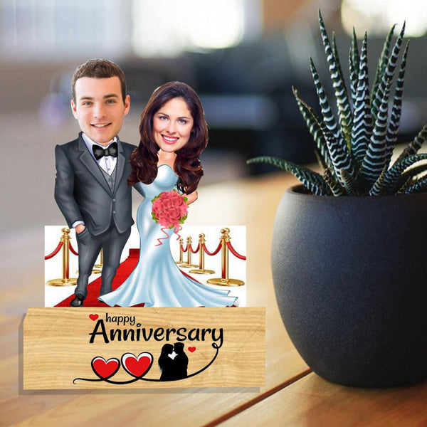 Wooden Caricature Personalized Gifts for Home Decore | Customized Gift for " Happy Couple | Birthday Anniversary Gift " for Couples With wooden stand - HEARTSLY