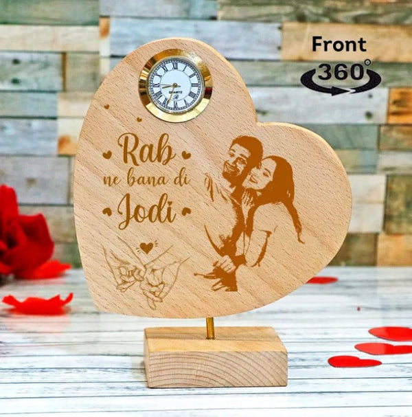Wooden Engraved Heart Shaped Photo Rotating with Clock Size 6in X 6in , with Wooden Engraving 360 degree Rotation , Both side engraved - HEARTSLY